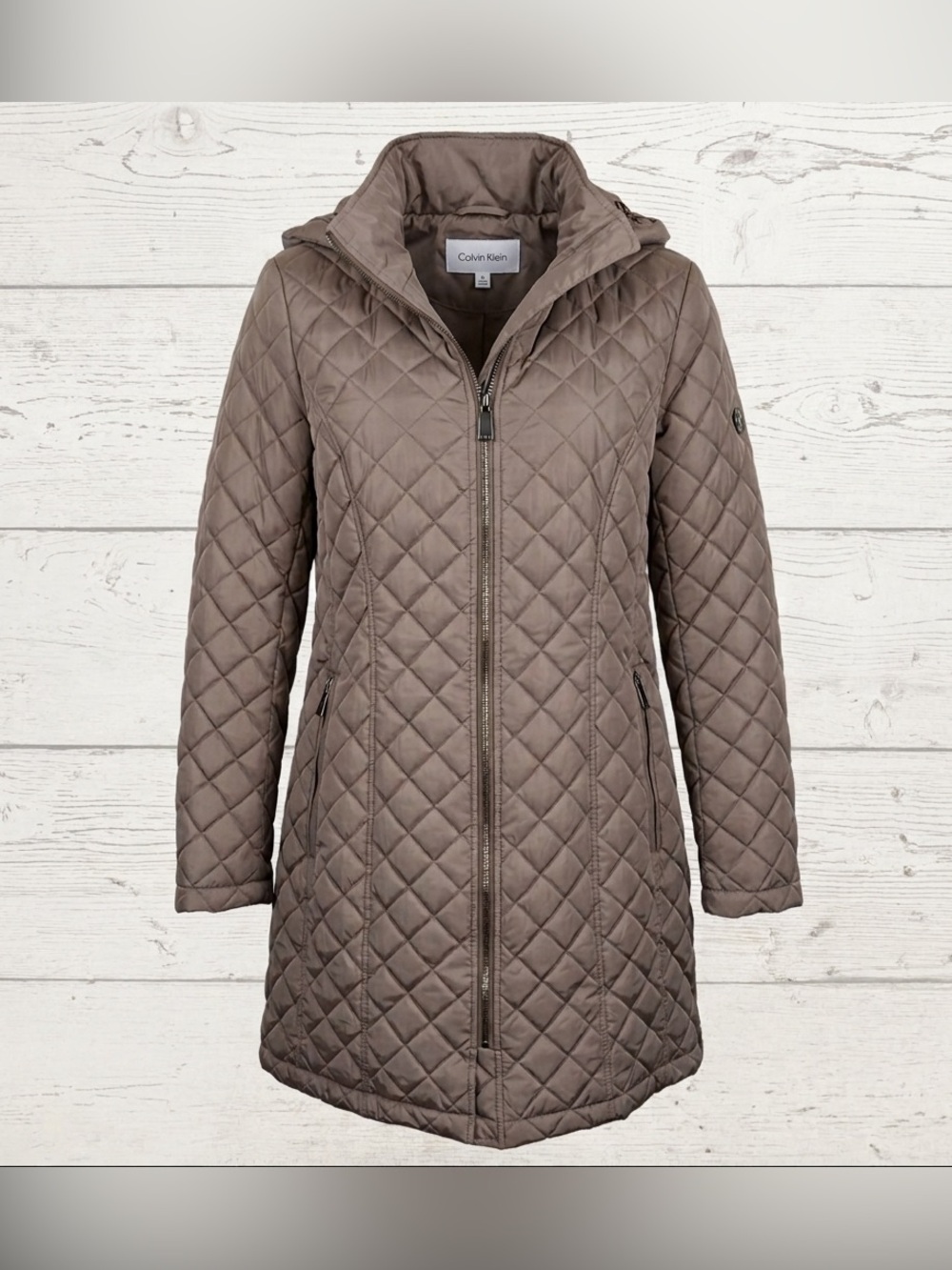 NWT Calvin Klein Womens Taupe Quilted Puffer Coat Jacket Removable Hood Size S